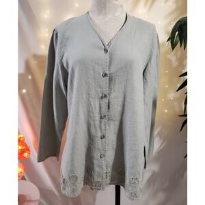 J. Jill 100% Linen Crochet Lace Trim Button V-Neck Tunic Top Womens Size M Taupe